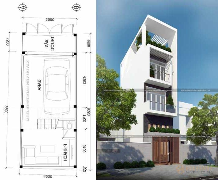 Phối cảnh mẫu nhà phố 5 tầng đẹp 4 phòng ngủ 1 gara.