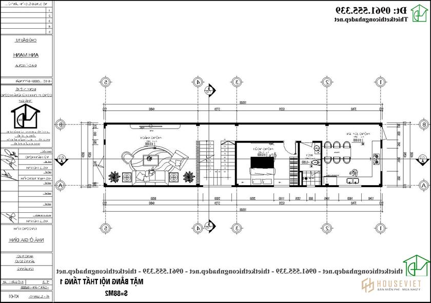 Mặt bằng tầng 1 mẫu thiết kế nhà ống 2 tầng 4x20m đẹp NDNP2T32