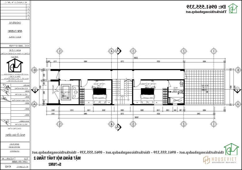 Mặt bằng tầng 2 mẫu thiết kế nhà ống 2 tầng 4x20m đẹp NDNP2T32
