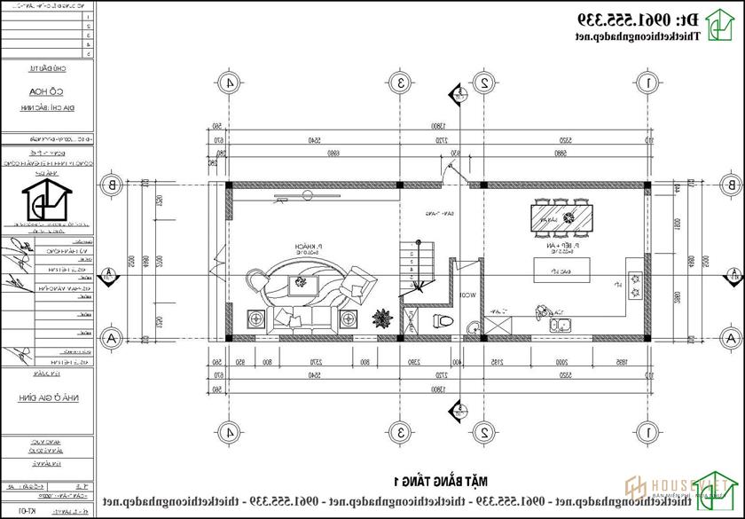 Bản vẽ mặt bằng tầng 1 nhà ống 4 tầng 5x14m NDNP4T16