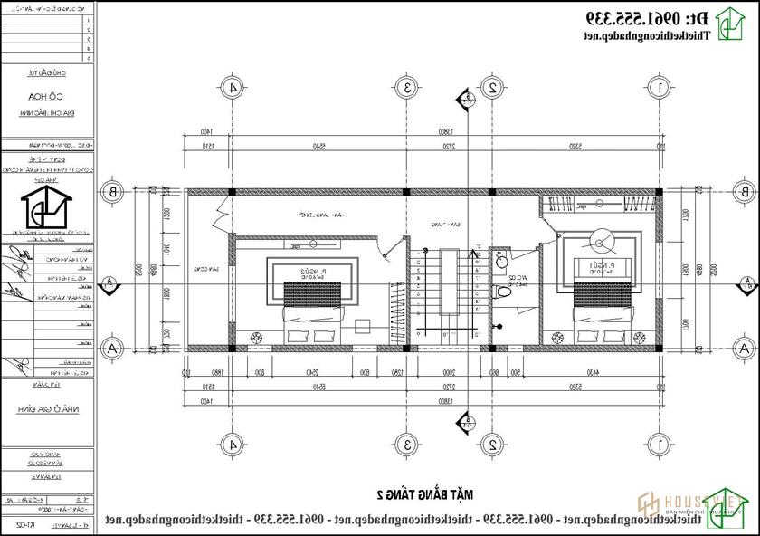 Bản vẽ mặt bằng tầng 2 nhà ống 4 tầng 5x14m NDNP4T16