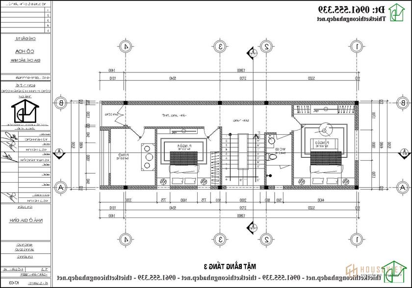 Bản vẽ mặt bằng tầng 3 nhà ống 4 tầng 5x14m NDNP4T16