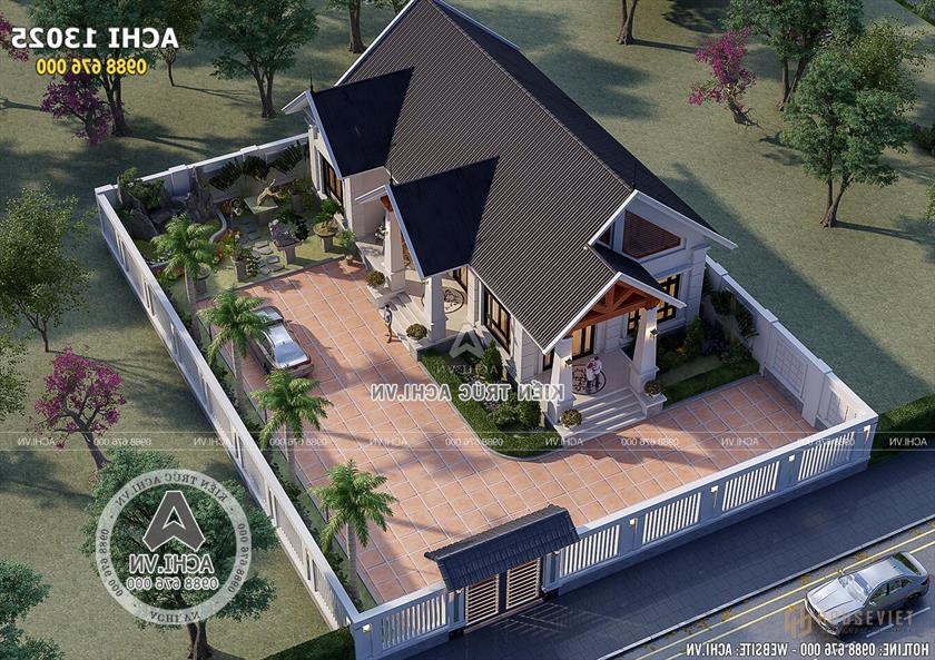 Toàn cảnh mẫu nhà cấp 4 đẹp 1 tầng 4 phòng ngủ khi nhìn từ trên cao