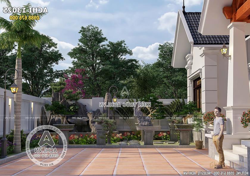 Một góc không gian sân vườn đẹp của mẫu thiết kế nhà vườn mái thái ở nông thôn