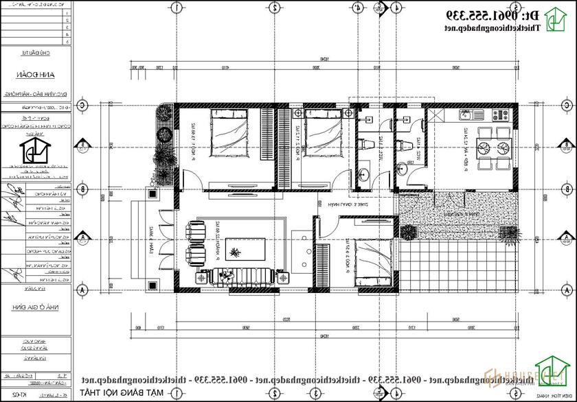 Mặt bằng nội thất nhà cấp 4 mái thái 3 phòng ngủ 8x16m NDNC4180