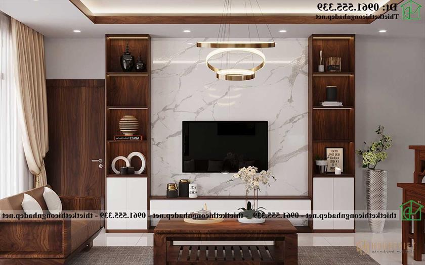 Mẫu thiết kế kệ tivi phòng khách nhà cấp 4 mái thái Nhật NDNC4180