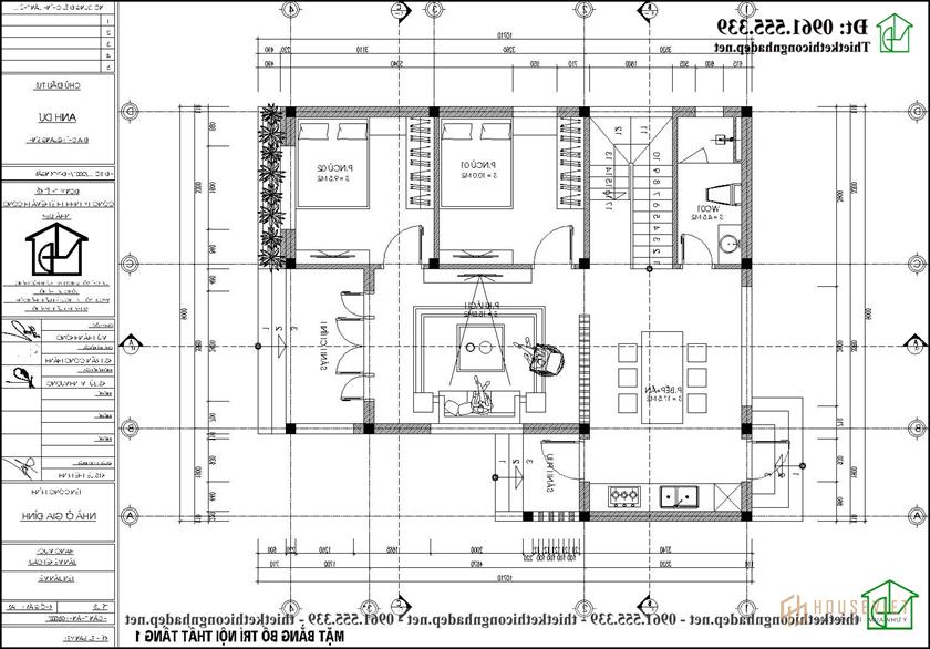 Bản vẽ mặt bằng tầng 1 nhà cấp 4 gác lửng 3 phòng ngủ 1 phòng thờ NDNC4181