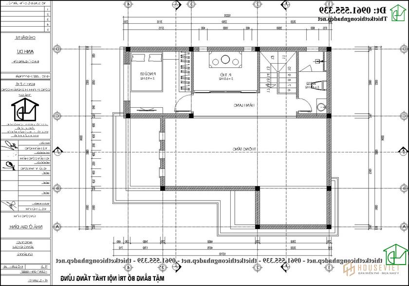Mặt bằng tầng lửng nhà cấp 4 gác lửng 3 phòng ngủ 1 phòng thờ NDNC4181