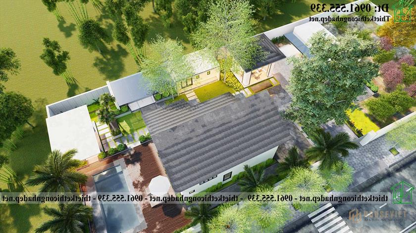 Tổng thể thiết kế sân vườn của mẫu nhà cấp 4 gác lửng đẹp NDNC4181