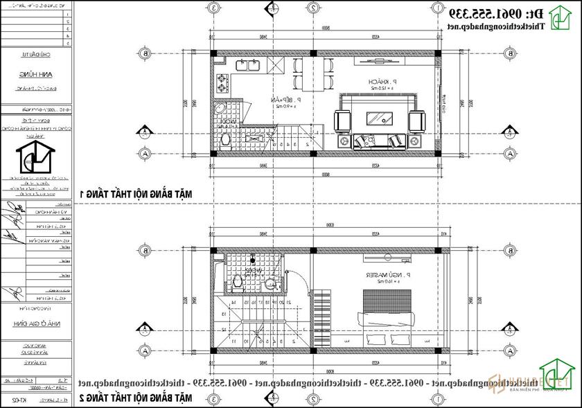 Mặt bằng tầng 1 và tầng 2 nhà phố 4 tầng NDNP4T17