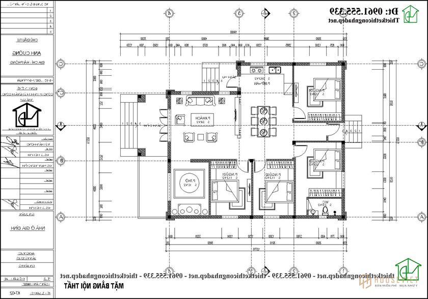 Phương án nội thất nhà cấp 4 mái thái có 4 phòng ngủ 1 phòng thờ NDNC4182