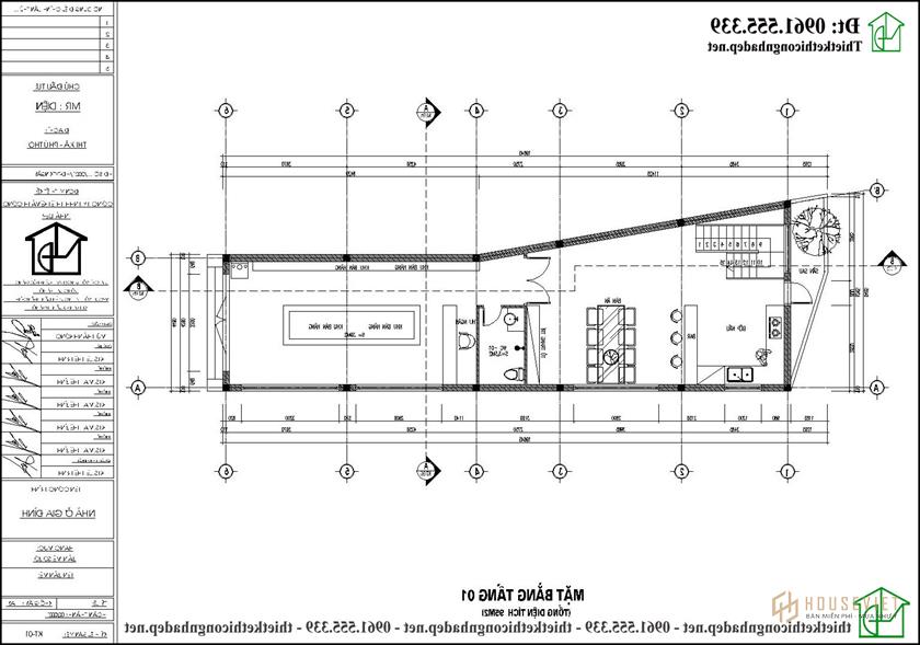 Mặt bằng tầng 1 nhà phố 3 tầng có gác lửng 4,5x20m tại Phú Thọ NDNP3T69
