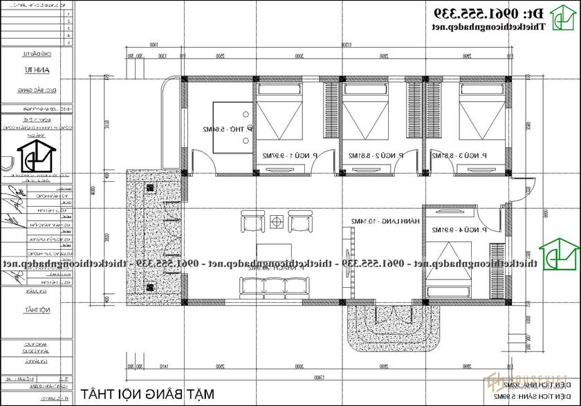 Phương án nội thất mẫu nhà cấp 4 90m2 4 phòng ngủ 1 phòng thờ NDNC4183