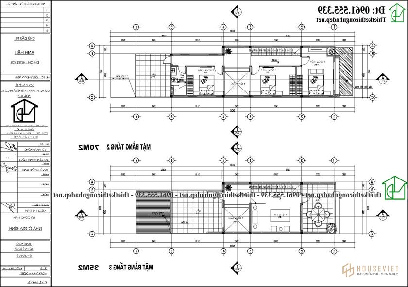 Bản vẽ mặt bằng nhà ống 3 tầng hiện đại NDNP3T70