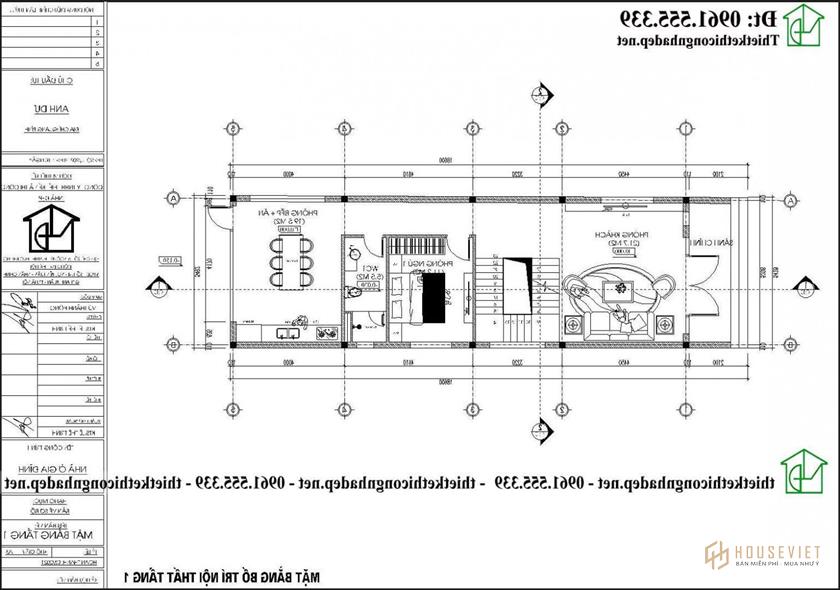 Mặt bằng tầng 1 mẫu thiết kế nhà ống 2 tầng 5,5x18m NDNP2T34