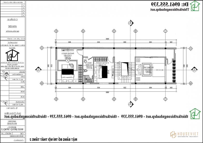 Mặt bằng tầng 2 mẫu thiết kế nhà ống 2 tầng 5,5x18m NDNP2T34