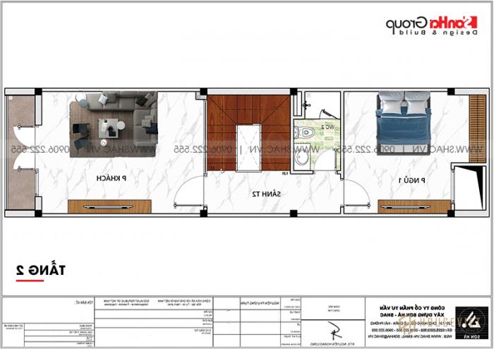 Mặt bằng công năng tầng 2 mẫu nhà phố 3 tầng hiện đại mặt tiền 4,25m tại Quảng Ninh 