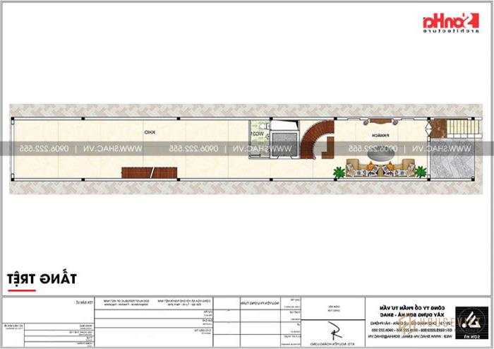Bản vẽ công năng tầng trệt mẫu nhà ống cổ điển diện tích 174,24m2 tại Sài Gòn 