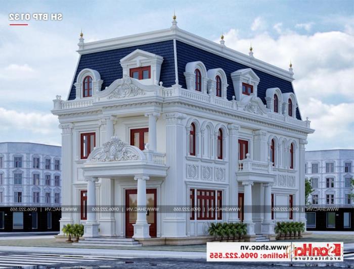 Mẫu biệt thự tân cổ điển 3 tầng mặt tiền rộng 10m tại Hà Nội - SH BTP 0132 2 Mặt tiền rộng 10m mẫu biệt thự 3 tầng phong cách tân cổ điển sang trọng