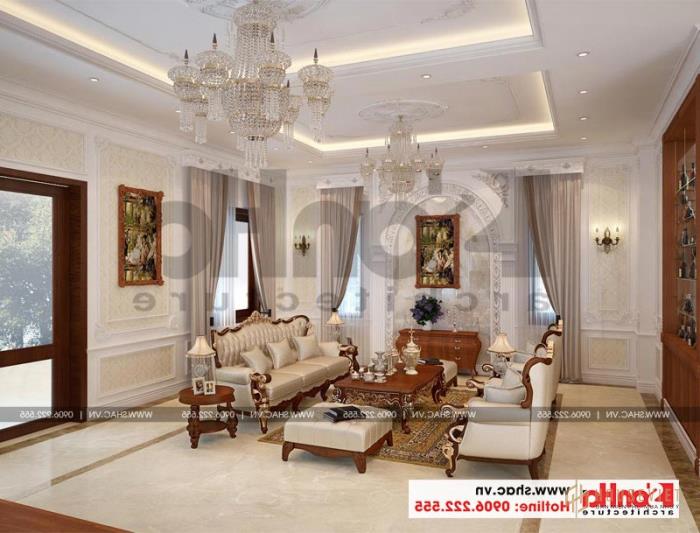 Mẫu biệt thự tân cổ điển 3 tầng mặt tiền rộng 10m tại Hà Nội - SH BTP 0132 11 Một phiên bản khác của phòng khách biệt thự tân cổ điển 3 tầng với bộ sofa da