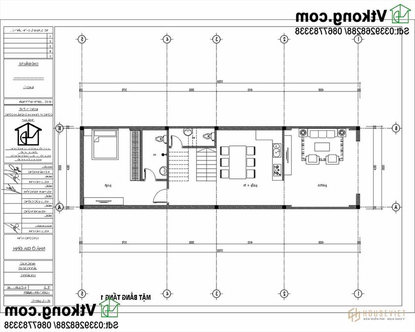 Mặt bằng nội thất tầng 1 mẫu nhà ống 3 tầng 5x17m