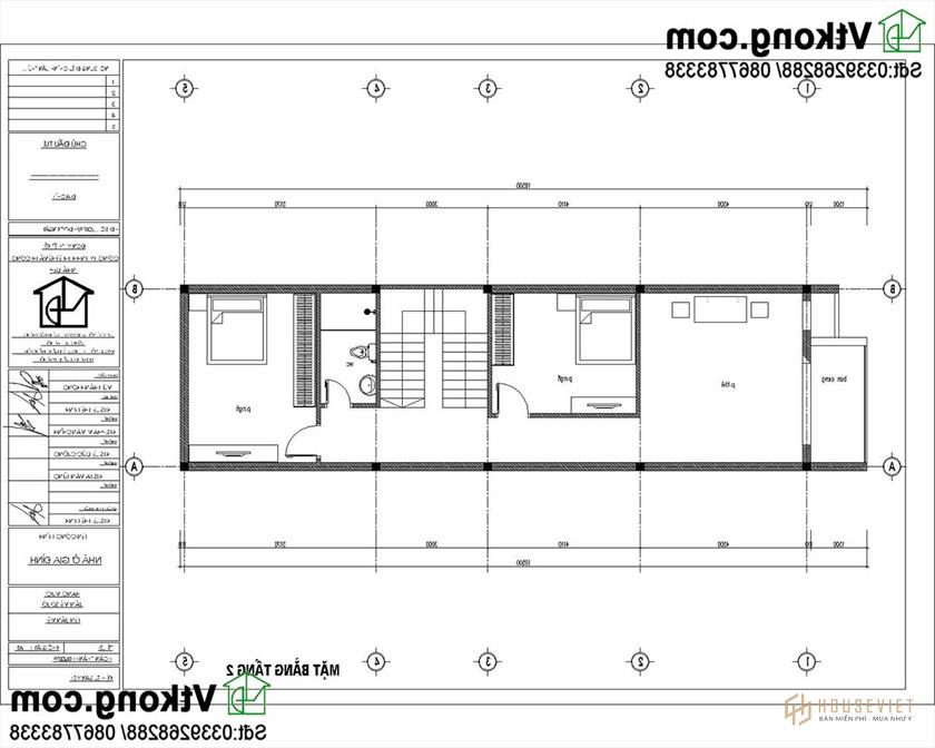 Mặt bằng nội thất tầng 2 mẫu nhà ống 3 tầng 5x17m