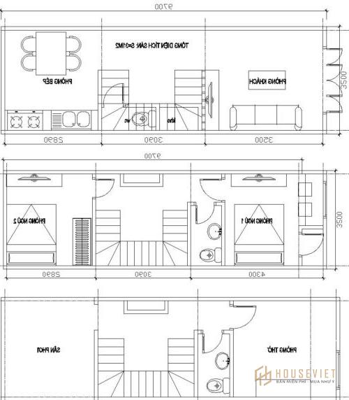 bản vẽ mặt bằng nhà 3 tầng 30m2