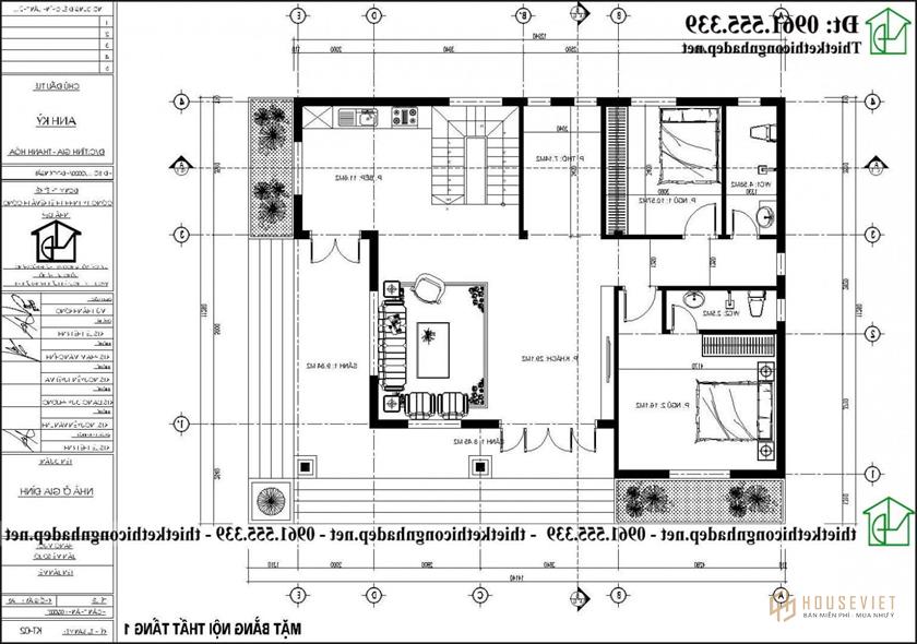 Mặt bằng tầng 1 nhà cấp 4 gác lửng 4 phòng ngủ 1 phòng thờ 13x11m NDNC4184