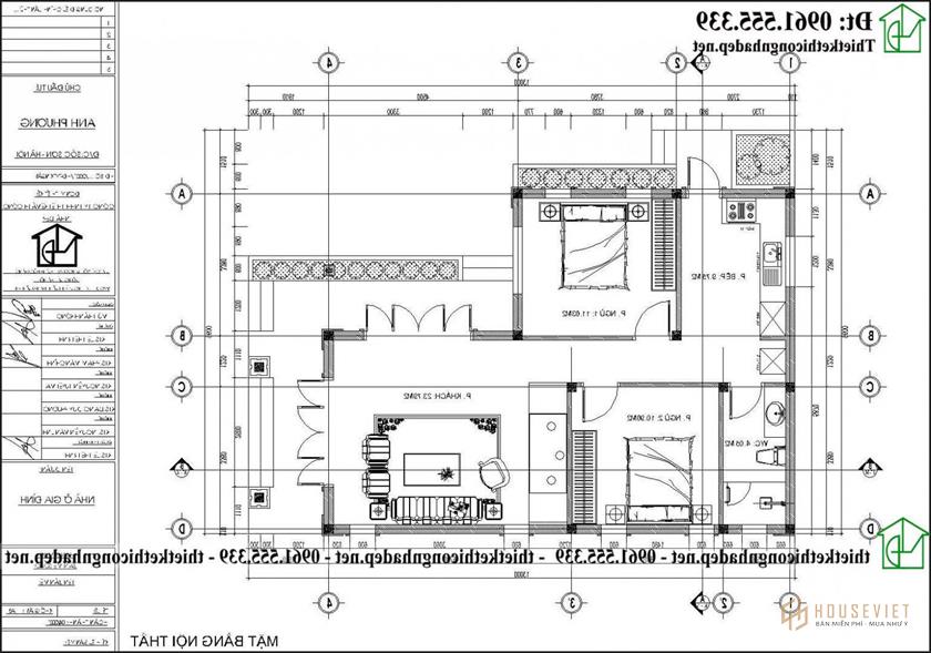 Phương án nội thất nhà cấp 4 mái thái 2 phòng ngủ 8x13m NDNC4185