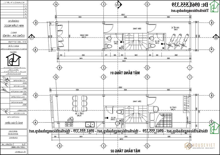 Mặt bằng tầng 1 và tầng 2 của mẫu thiết kế nhà khung thép tiền chế NDNP5T7