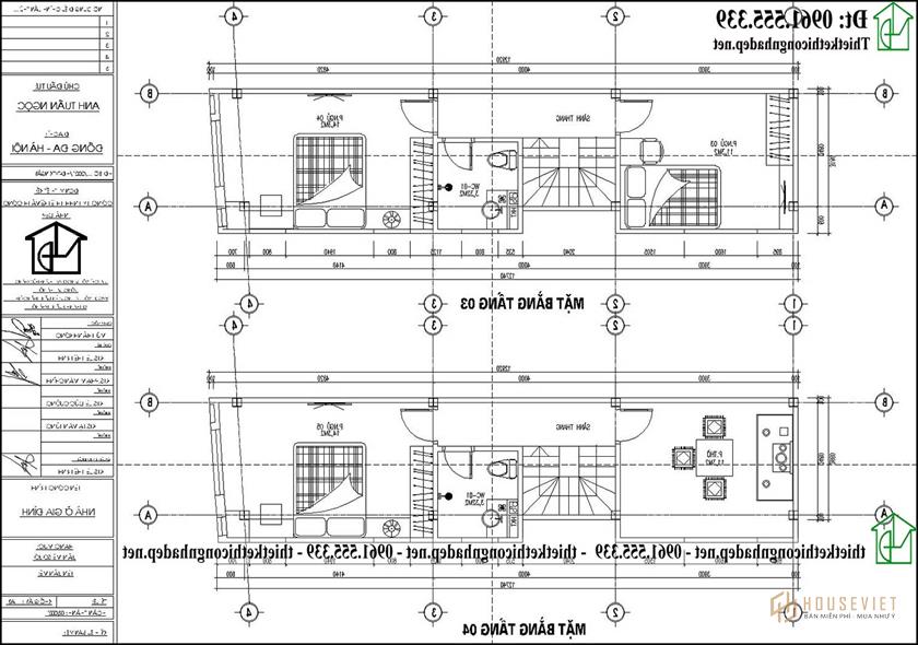Mặt bằng tầng 3 và tầng 4 của mẫu thiết kế nhà khung thép tiền chế NDNP5T7