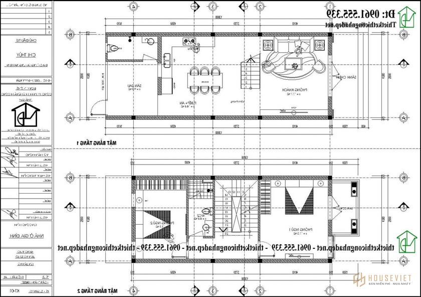 Mặt bằng tầng 1 và tầng 2 mẫu thiết kế nhà phố tân cổ điển 3 tầng 5x13m NDNP3T71