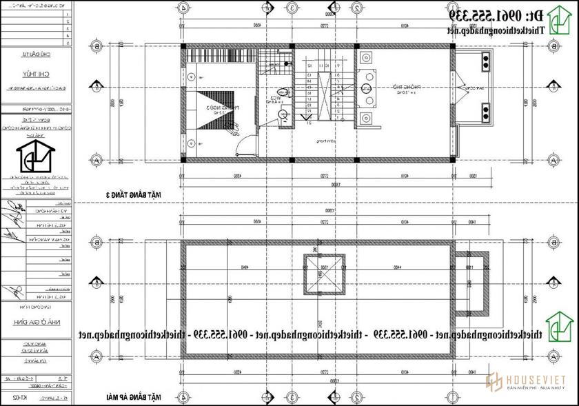 Mặt bằng tầng 3 và tầng mái mẫu thiết kế nhà phố tân cổ điển 3 tầng 5x13m NDNP3T71