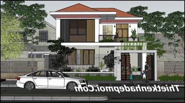 Mẫu nhà 2 tầng hình vuông 10×10 ở nông thôn mái thái bác An