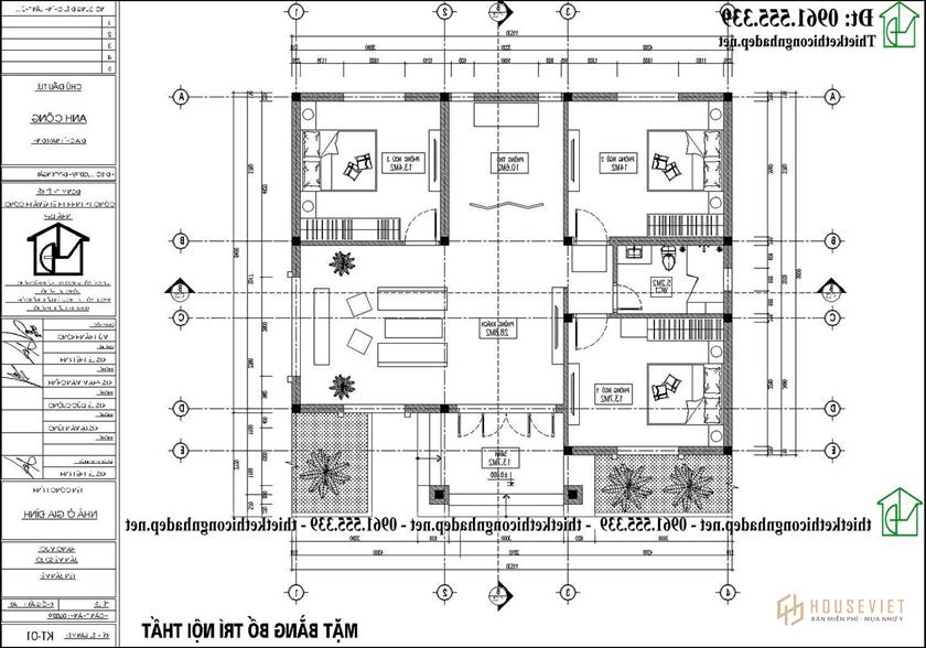 Phương án nội thất mẫu nhà cấp 4 12x10m 3 phòng ngủ 1 phòng thờ mái thái đẹp NDNC4189