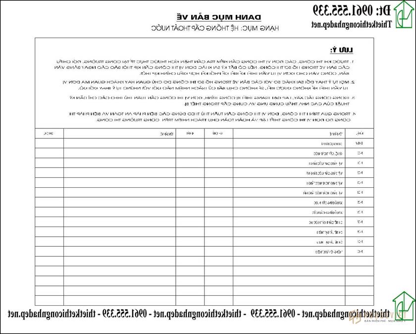         Danh mục bản vẽ thiết kế nước cấp 4  