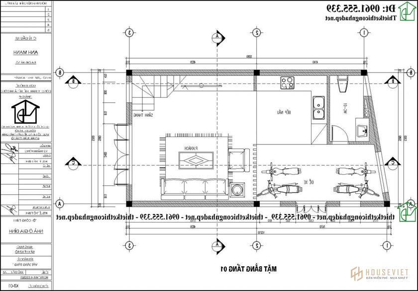 Mặt bằng tầng 1 mẫu nhà 4 tầng 2 mặt tiền 6x9m hiện đại tại Hà Nội NDNP4T19