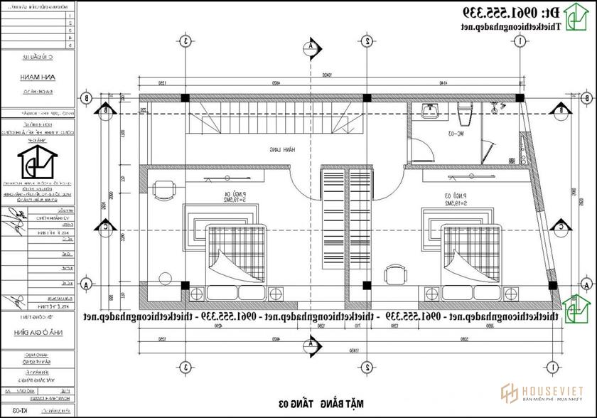 Mặt bằng tầng 3 mẫu nhà ống 4 tầng 2 mặt tiền 6x9m hiện đại tại Hà Nội NDNP4T19