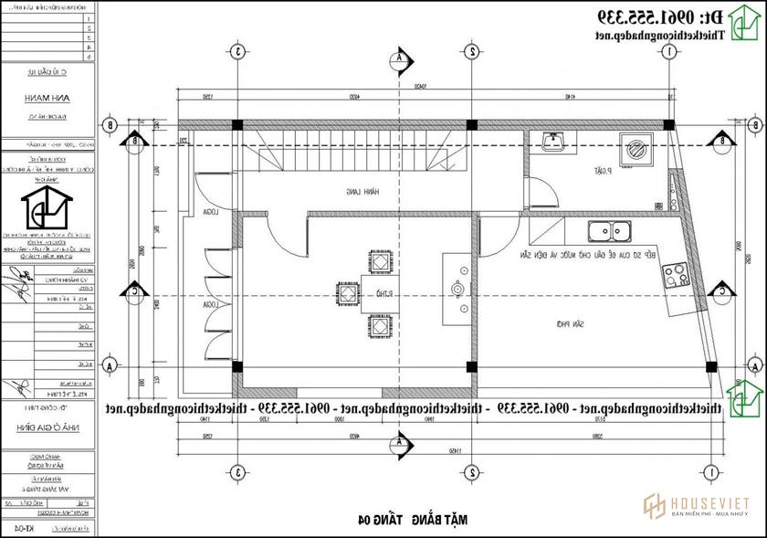 Mặt bằng tầng 4 mẫu nhà ống 4 tầng 2 mặt tiền 6x9m hiện đại tại Hà Nội NDNP4T19