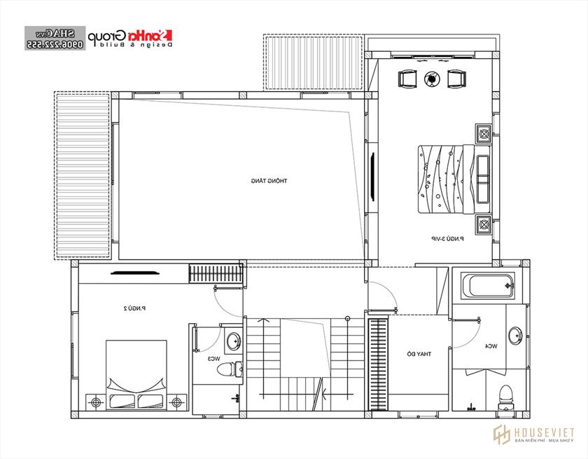 Nhà phố 3 tầng 300m2 phong cách hiện đại - SH BTD 0086 6 Bản vẽ mặt bằng tầng 2 biệt thự BTD 0086