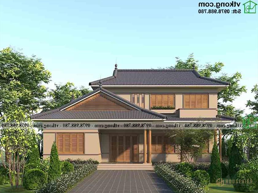 Phối cảnh mặt tiền mẫu biệt thự 2 tầng kiểu Nhật 16x10m BT2T77