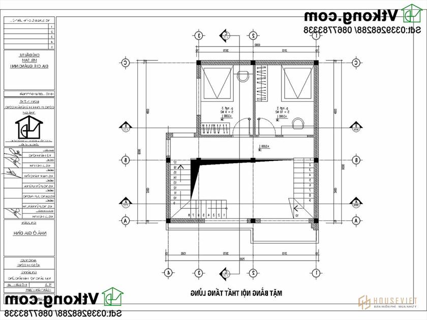 mặt bằng nội thất tầng 2 nhà phố 3 tầng