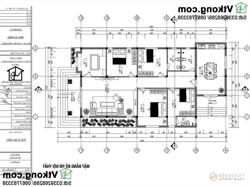 bản vẽ mặt bằng nội thất mẫu nhà cấp 4 4 phòng ngủ