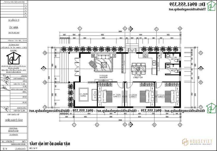 Mặt bằng tầng 1 mẫu thiết kế nhà cấp 4 mái thái 3 phòng ngủ 8x16m NDNC4190