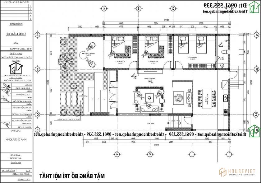 Mặt bằng bố trí nội thất mẫu nhà cấp 4 3 phòng ngủ 9x14m NDNC4191