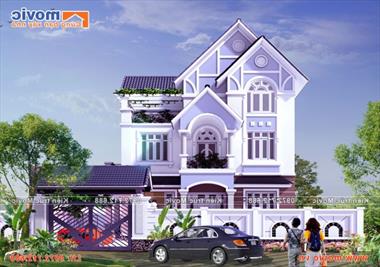 Mẫu nhà 3 tầng hiện đại mái thái đẹp sang trọng - MV1609