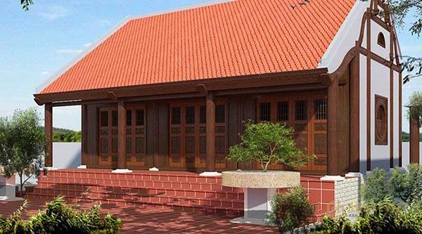 Kiểu nhà truyền thống 3 gian 2 chái được lợp ngói đỏ tươi.