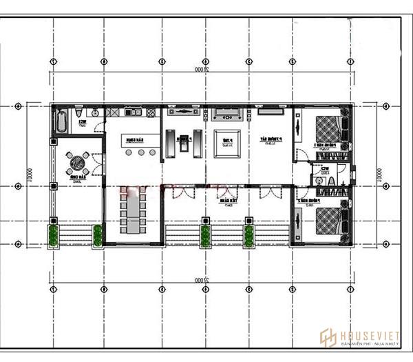 Bản vẽ nhà ngói 3 gian với các phòng chức năng được phân chia cụ thể