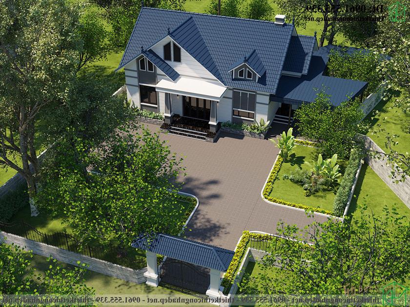 Phối cảnh tổng thể mẫu nhà 1 tầng 3 phòng ngủ phòng thờ đẹp ndbt1t119