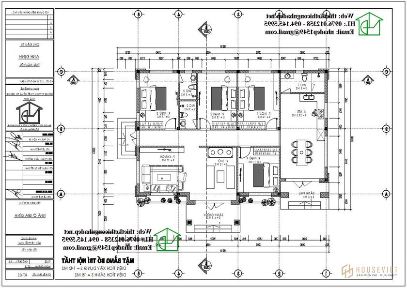 Mặt bằng bố trí nội thất của mẫu biệt thự 4 phòng ngủ